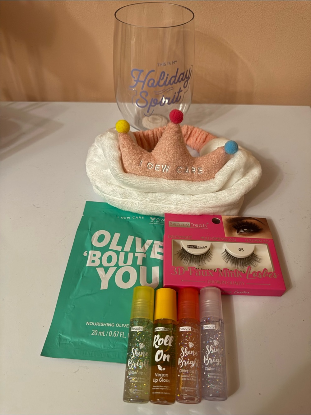 I Dew Care Plush Crown Headband + Beauty Set - Pastel Pink & White